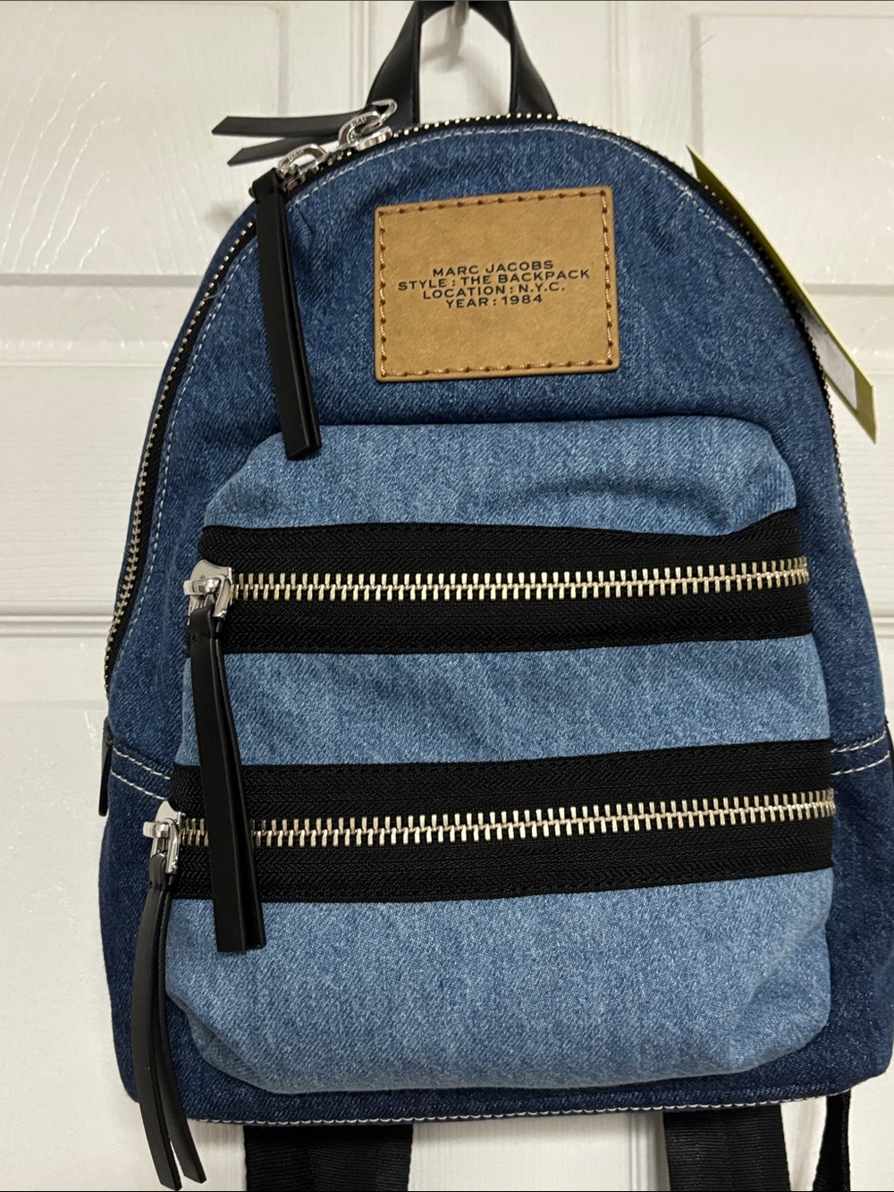 Marc Jacobs Denim Mini Backpack in Light and Dark Blue with Black Trim